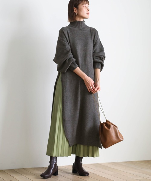2020 A/W ハイネックオーバースリットニットワンピース/レイヤードワンピース/ロングワンピース