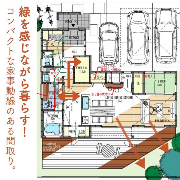 緑を感じながら暮らす！コンパクトな家事動線のある間取り。