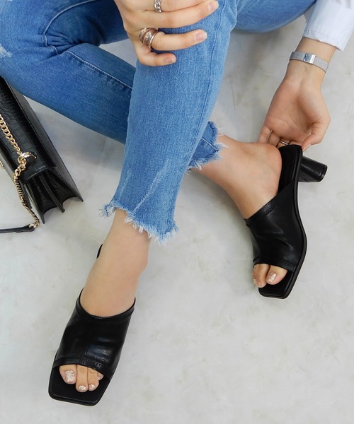 [minia] ブロックシンヒールのスクエアミュール/サンダル　◇