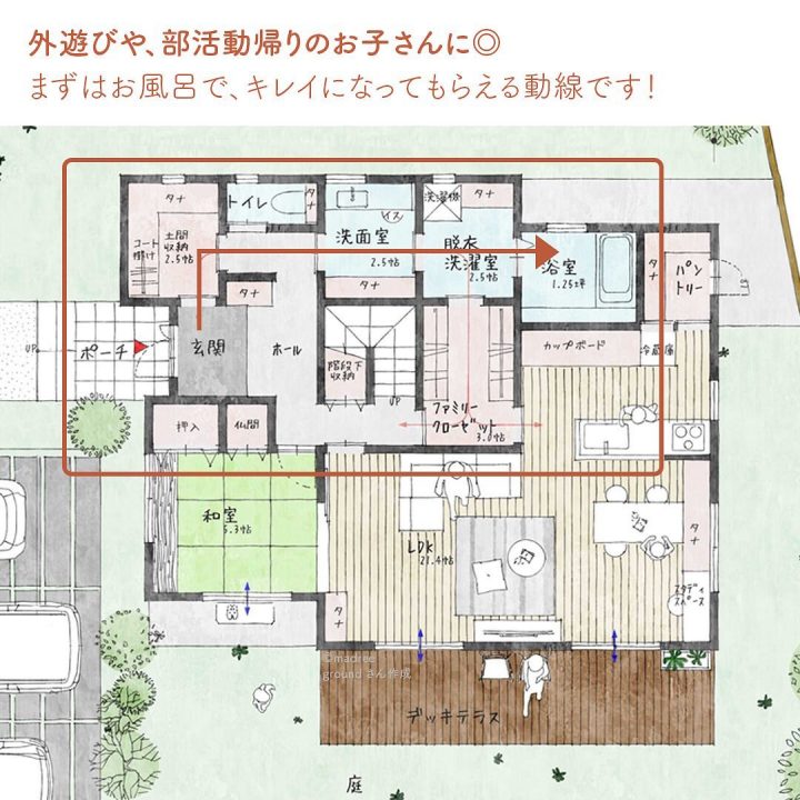 まずお風呂でサッパリ！玄関〜お風呂動線のある家。2