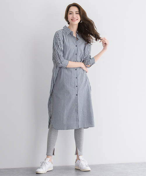 後ろリボンストライプ ロングシャツ ストライプ シャツワンピース