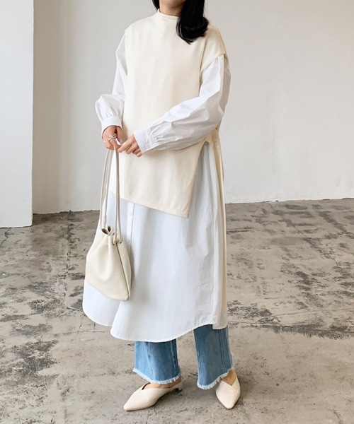 ニットベスト×シャツワンピースセット