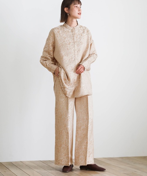 アラベスクバンドカラーシャツ/スタンドカラーチャイナデザイン柄シャツ/セットアップシャツ