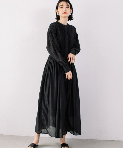コットンシルクピンタックロングスリーブワンピース