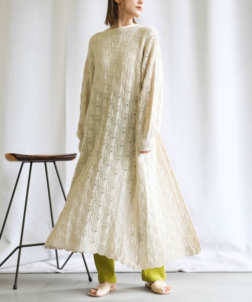 2021 S/S 2WAY透かし編みスリットワンピース/ラウンドネックボリュームリーブロングワンピース/レイヤードワンピ