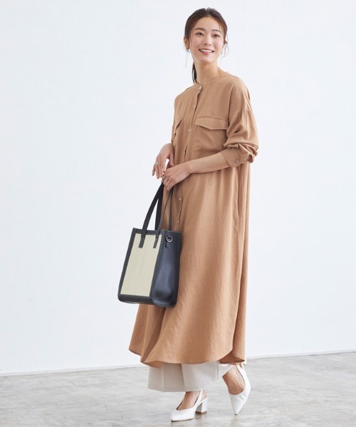 ノーカラーロングシャツワンピース