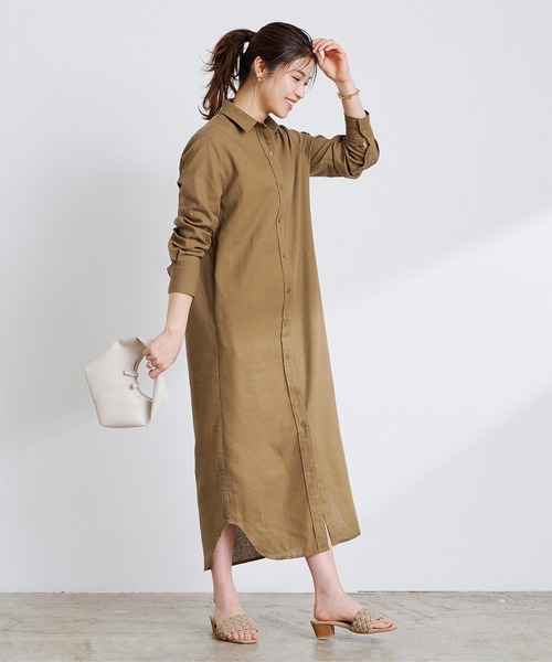 リネン混ロングシャツワンピース