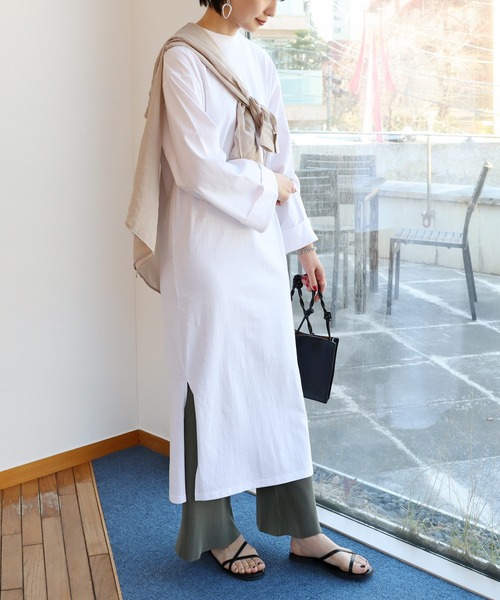 ワイド袖コットン長袖Tシャツワンピース スリット入り