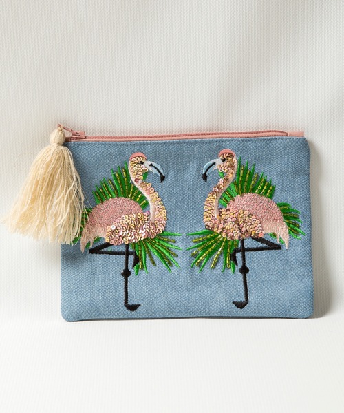 フラミンゴビーズ刺繍フラットポーチ