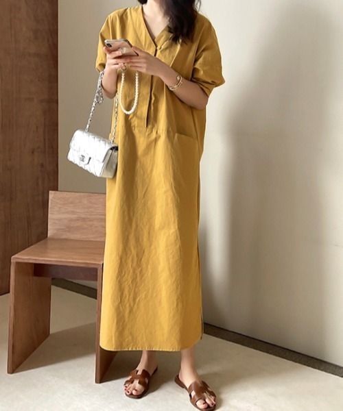 麻ライクパフスリーブVネックロングワンピース