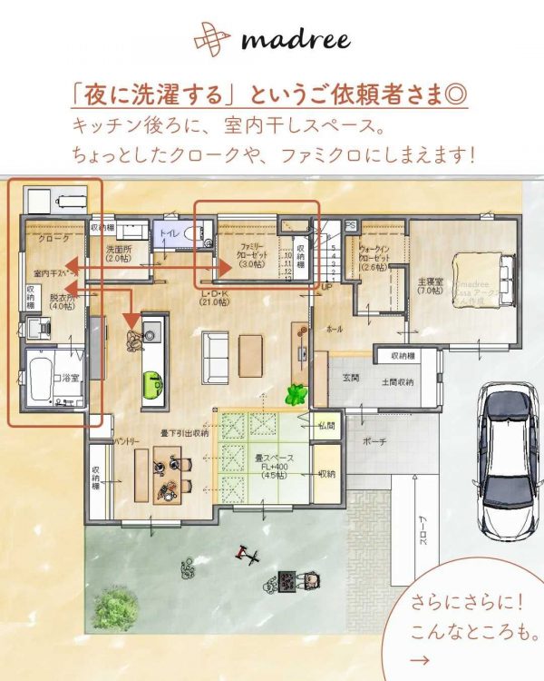 夜に洗濯して中干し！広めの脱衣所があるほぼ平屋。2