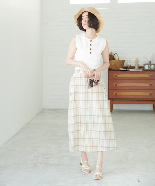綿麻チェックロングスカート