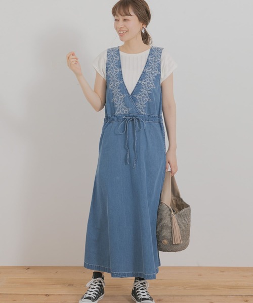 クロス刺繍デニムジャンパースカート
