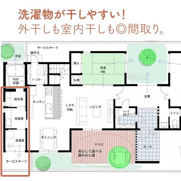 洗濯物が干しやすい！外干しも室内干しも◎間取り。