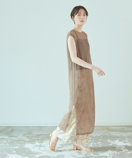 メッシュニットノースリーブロングワンピース