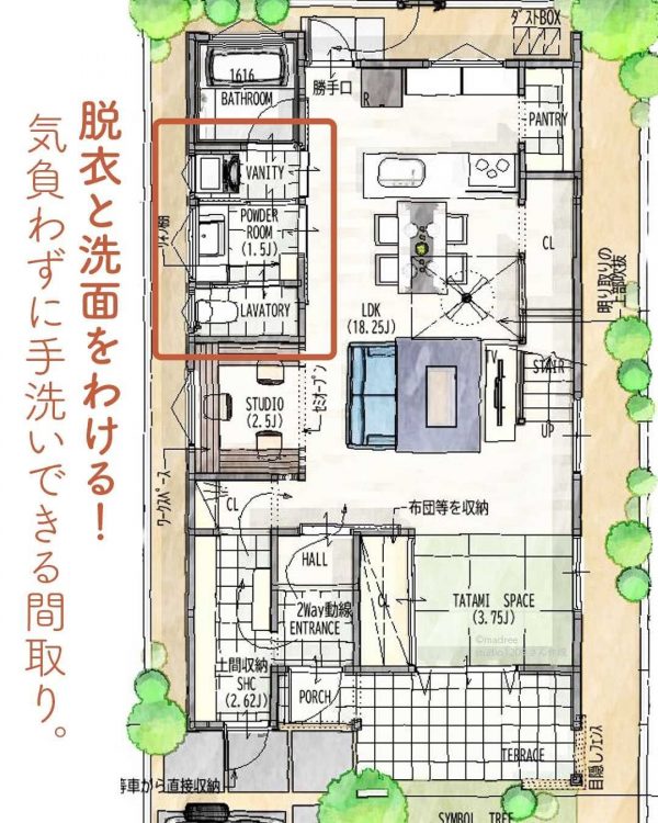 脱衣と洗面をわける 気負わずに手洗いできる間取り Folk