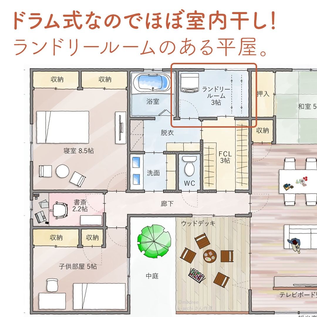 ドラム式なのでほぼ室内干し ランドリールームのある平屋 Folk