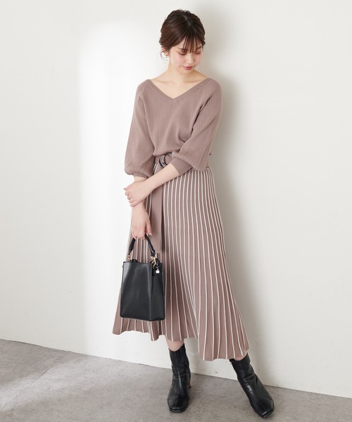 配色ニットプリーツワンピース