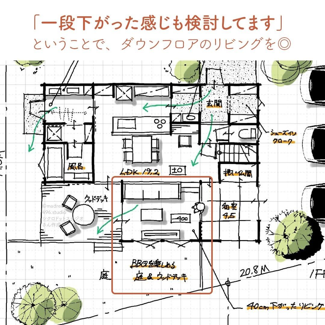 家族とリビングに集まれる！段差があるダウンフロアな間取り。2