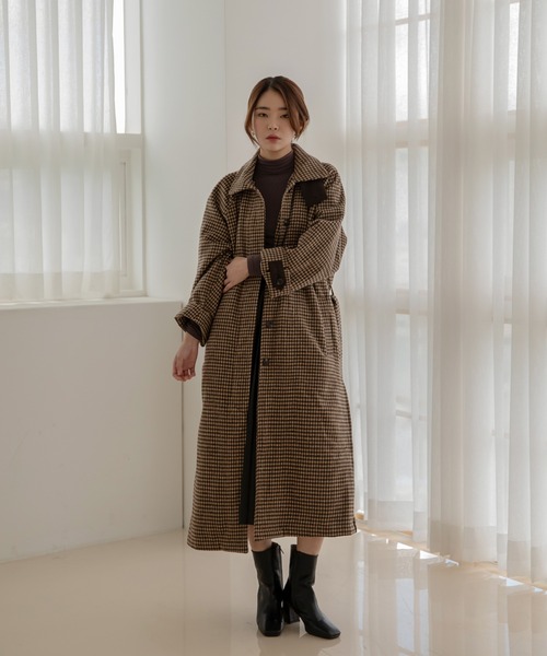ロングチェックウールコート