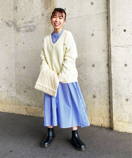 ストライプワンピース×サイドゴアブーツ