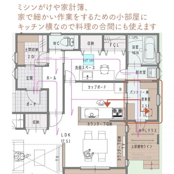 家事室でまとめて作業！もくもくと没頭できる間取り。3