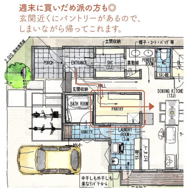 買いだめ帰りに助かる、玄関近くに大容量パントリー！2