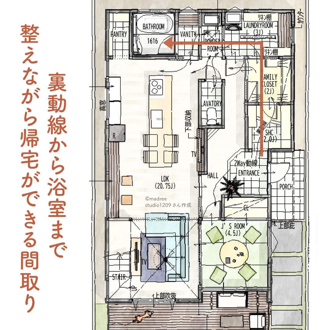 裏動線から浴室まで。整えながら帰宅ができる間取り