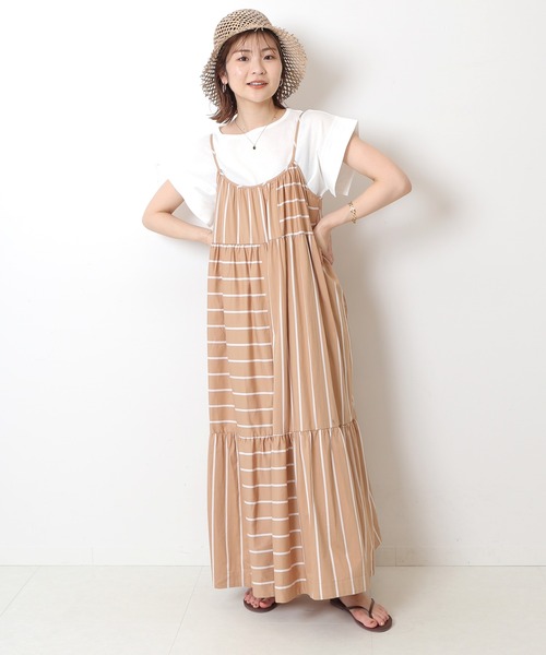 ワイドスリーブトップス×ストライプキャミワンピース