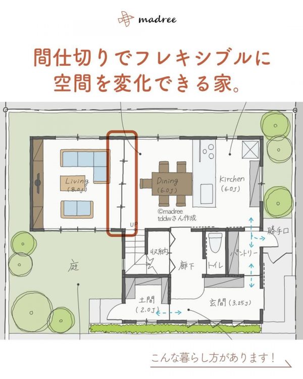 間仕切りでフレキシブルに空間を変化できる家。