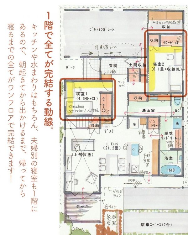 外部収納と裏玄関付きのビルトインガレージが便利な家。4