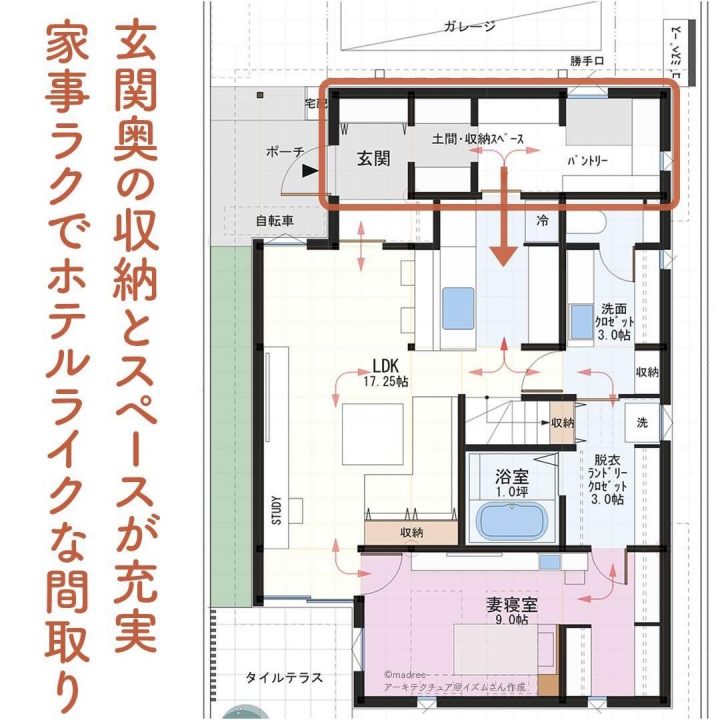 玄関奥の収納とスペースが充実。家事ラクでホテルライクな間取り | folk