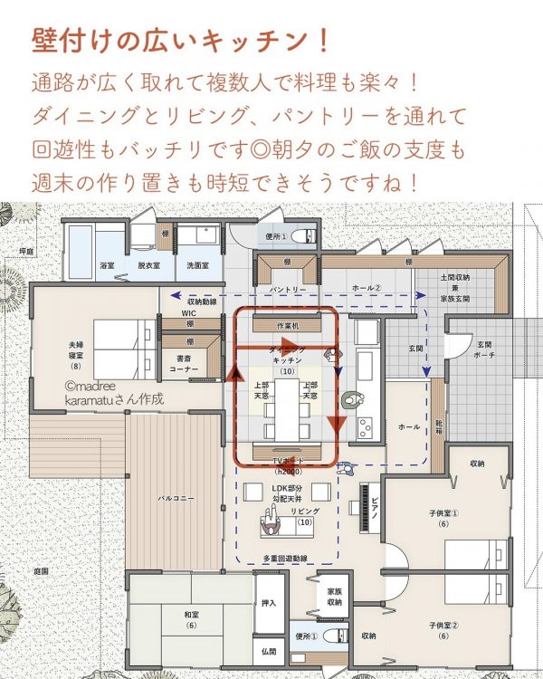 回遊性ある広いキッチンとおかえり動線が自慢の平屋間取り。2