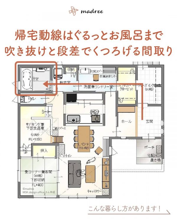 帰宅動線はぐるっとお風呂まで。吹き抜けと段差でくつろげる間取り