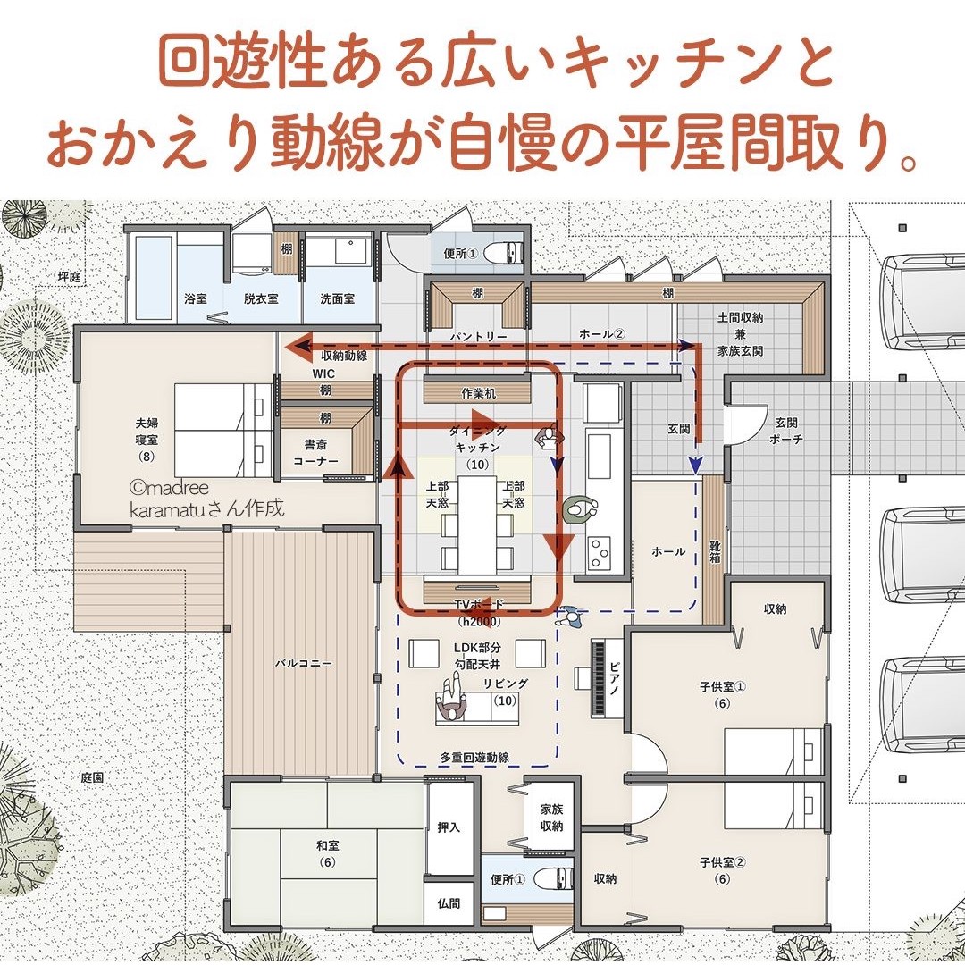 回遊性ある広いキッチンとおかえり動線が自慢の平屋間取り。 | folk