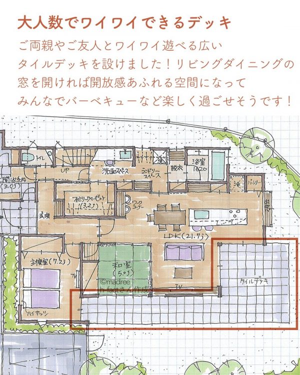 片付けしやすい帰宅動線とワイワイ遊べるデッキの間取り3