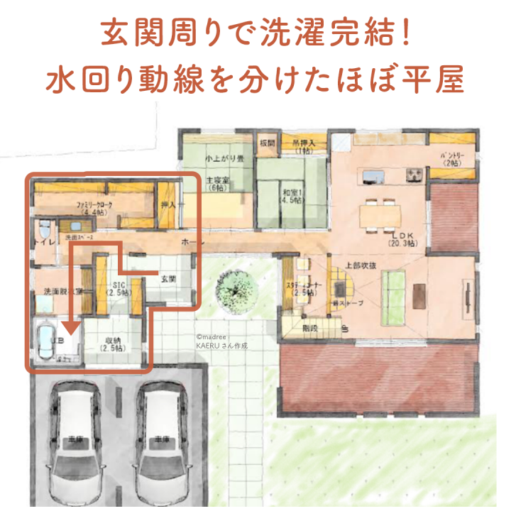 玄関周りで洗濯完結!水回り動線を分けたほぼ平屋 | folk