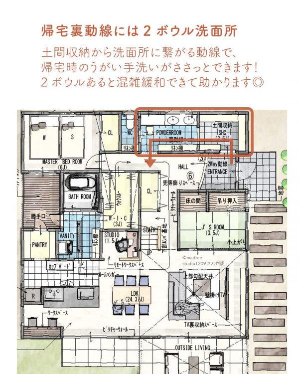 キッチンすぐに洗濯機！最短の家事動線が自慢の間取り3