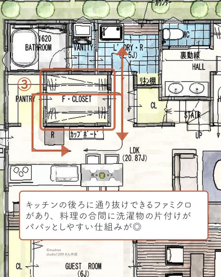 キッチンにつながる裏動線。複数の家事を効率良くこなせる家4